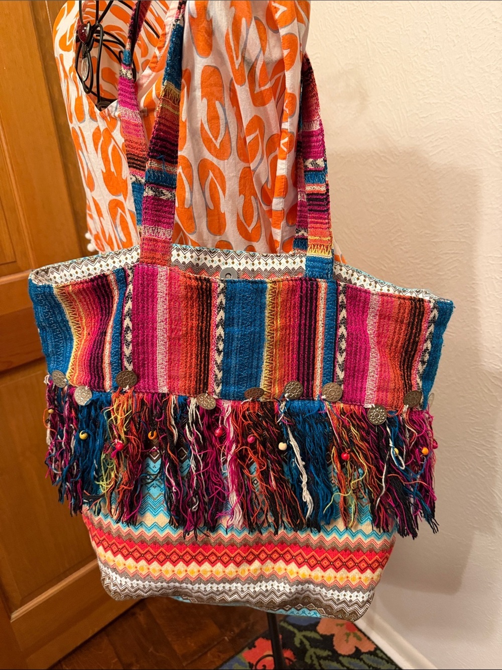 🌈🌈🌈BOGOHO🌈🌈🌈Colorful Boho Fringe Tote Bag - Pink, Blue & Multi